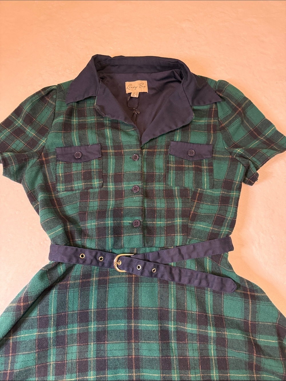 Lindy Bop Pin Up Green and Black Plaid Midi Dress Vintage Style with Belt - Picture 2 of 6